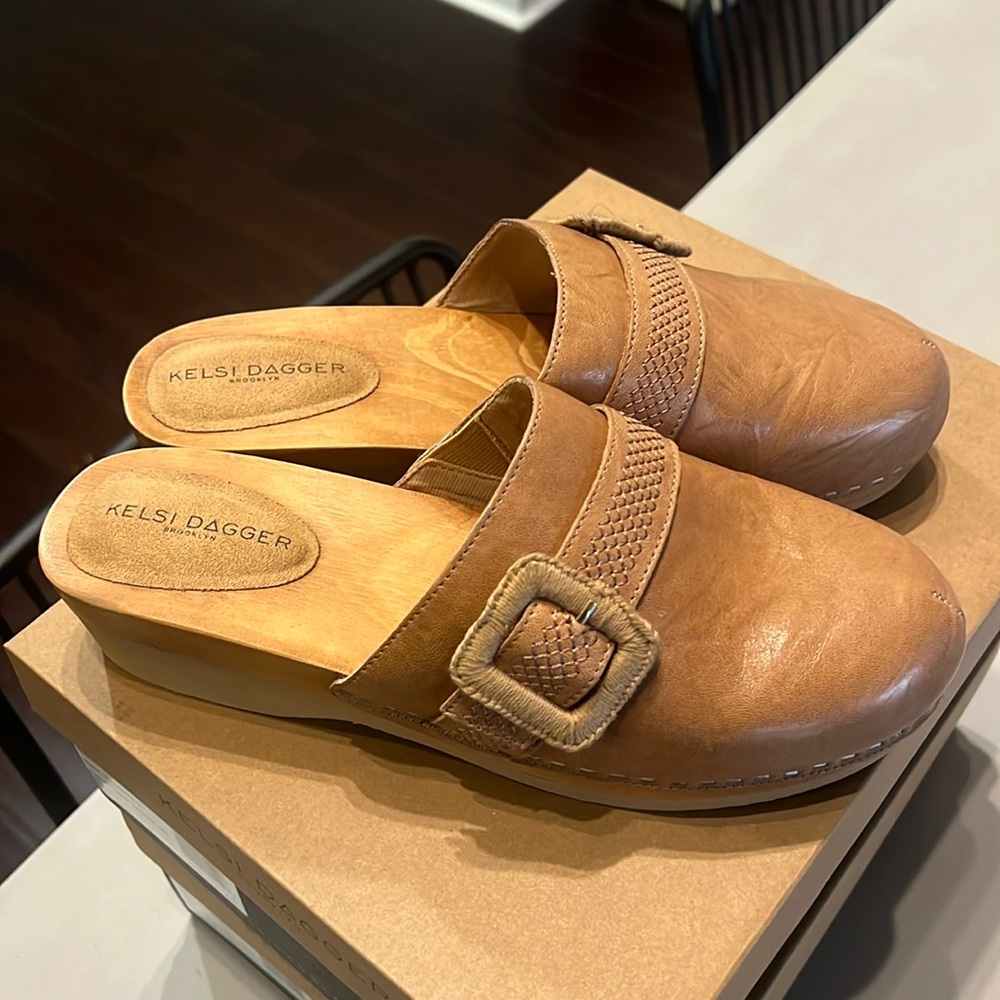 Kelsi Dagger Tan Leather Woven Buckle Clog Mules
